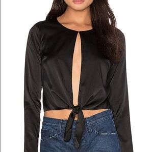 LPA Silk Tie Front Keyhole Long Sleeve Crop Top Black Size XS
